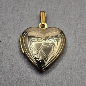 VTG Gold Tone Double Heart Locket Pendant Etched Design 1" Keepsake